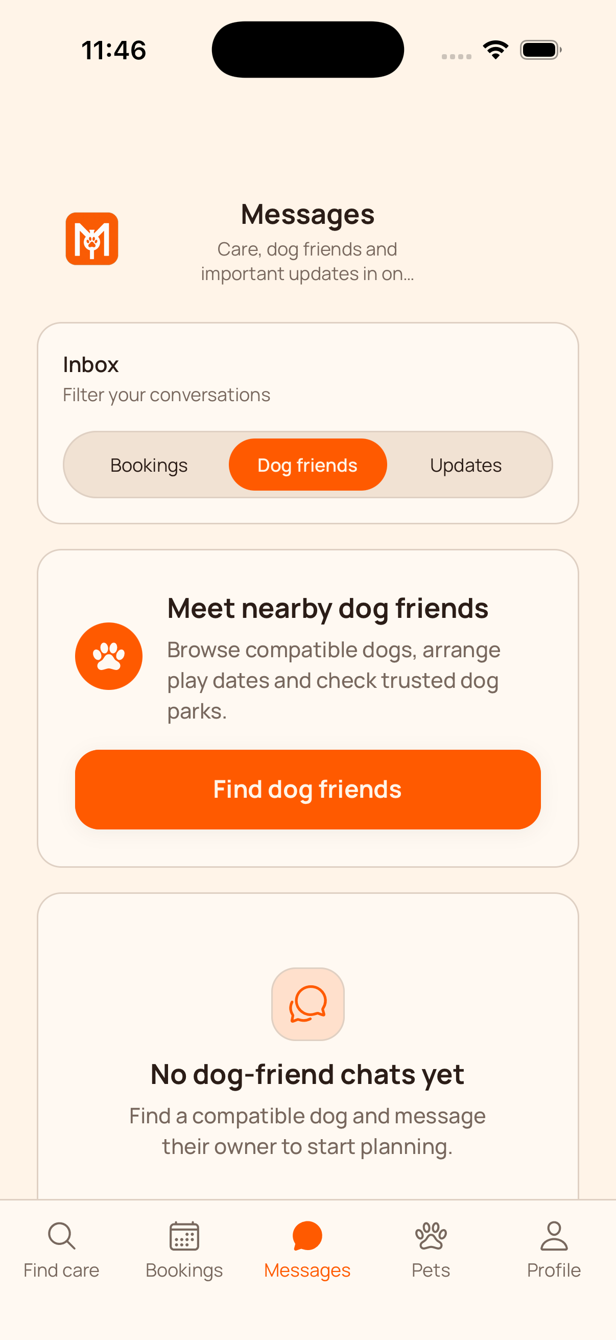 MyFilo Dog Friends messages view in the iPhone simulator