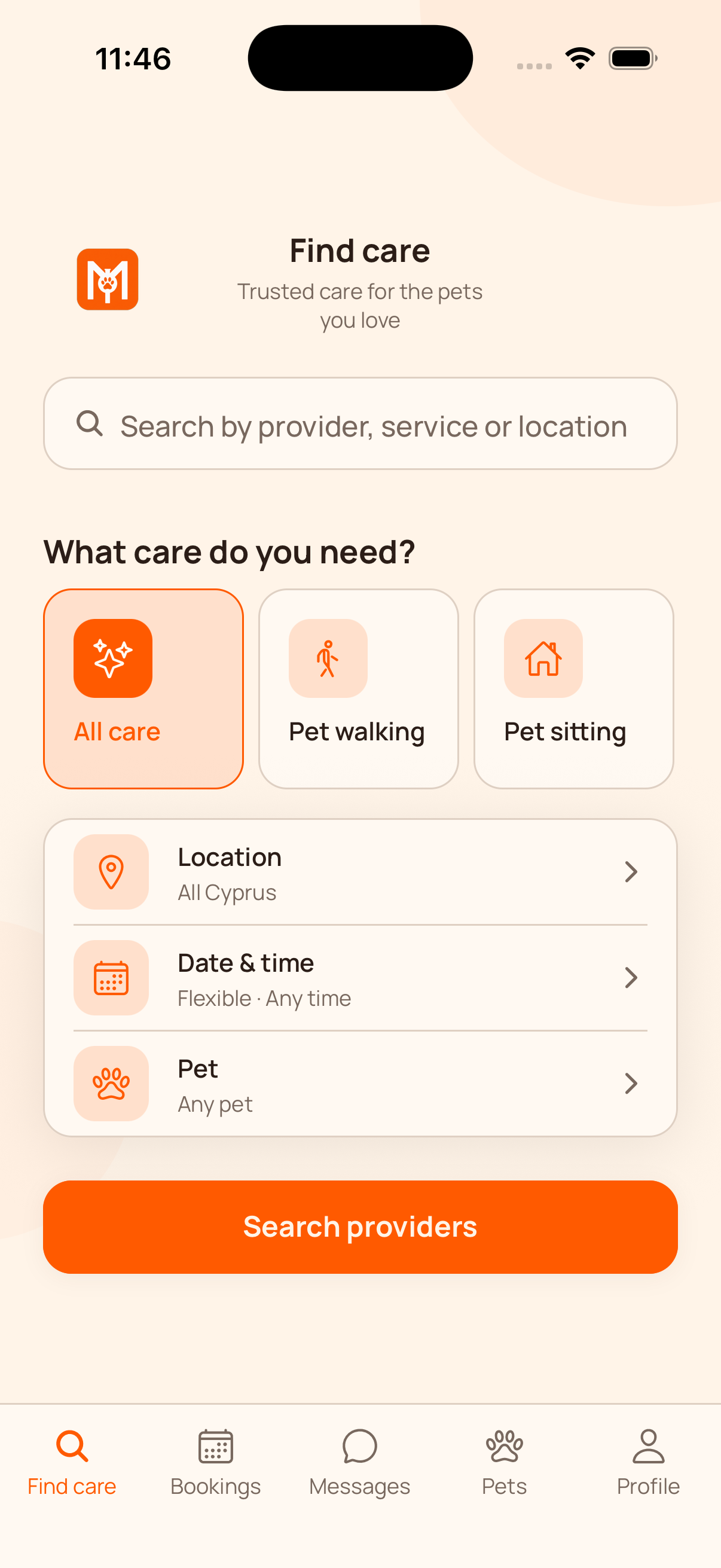 MyFilo Find Care screen in the iPhone simulator