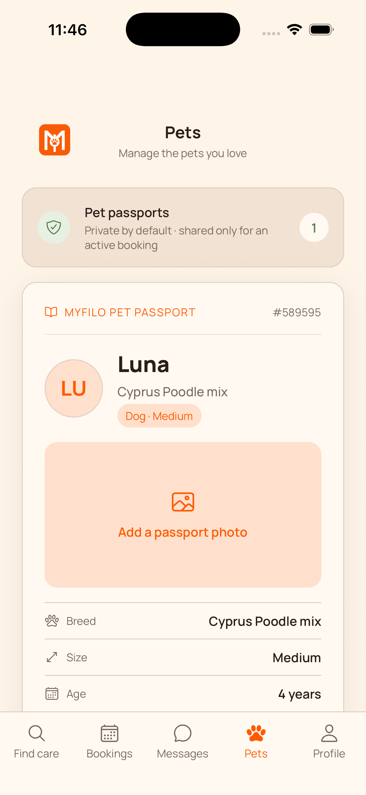 Luna's MyFilo Pet Passport in the iPhone simulator