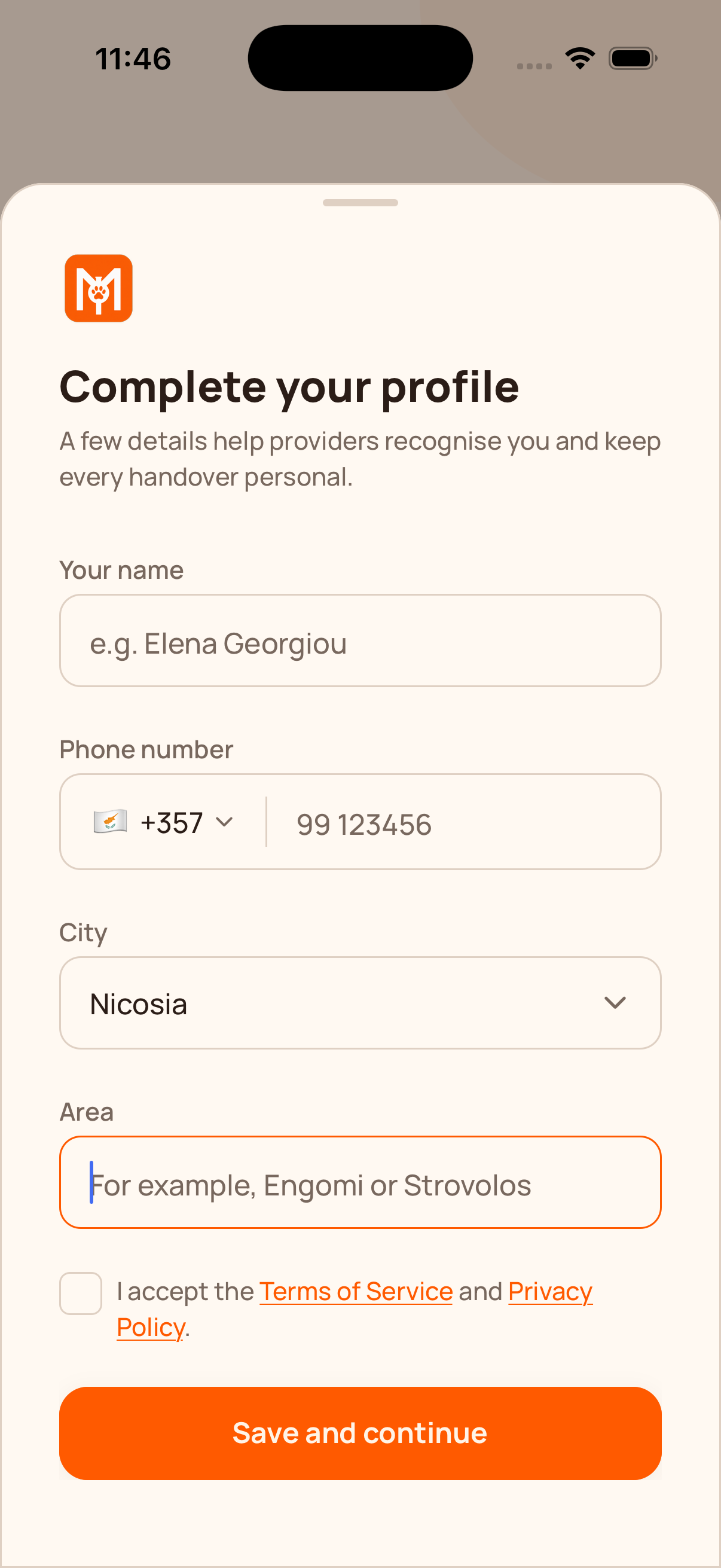 MyFilo customer profile setup showing the searchable city and area fields