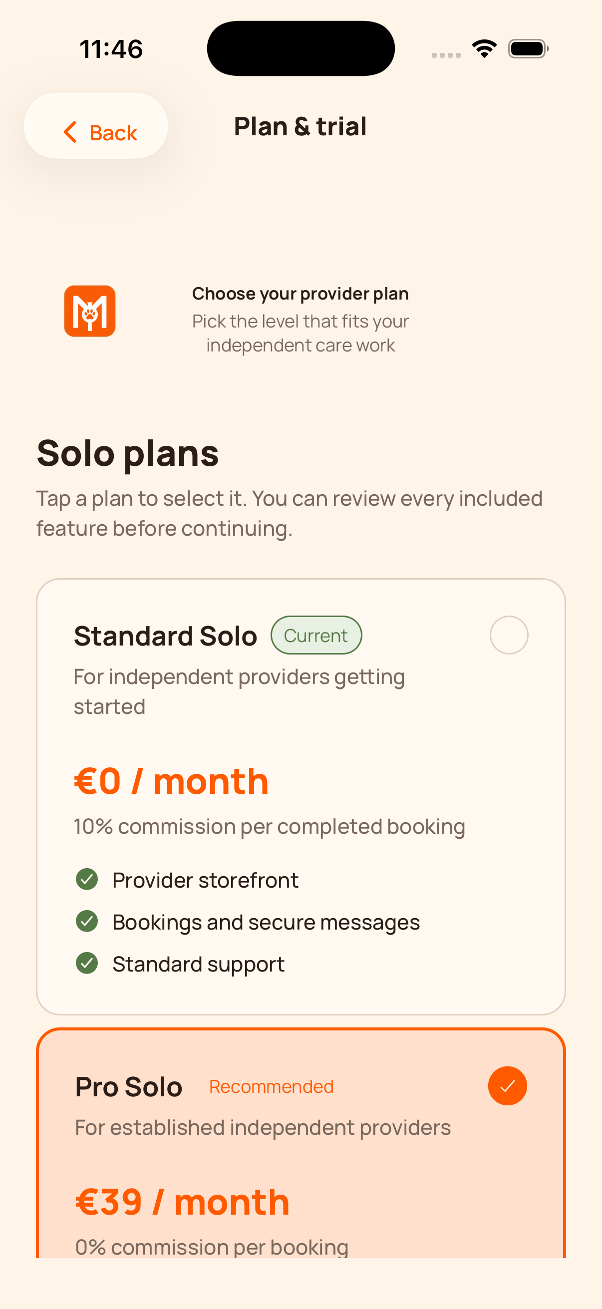 MyFilo provider plan catalogue in the iPhone simulator