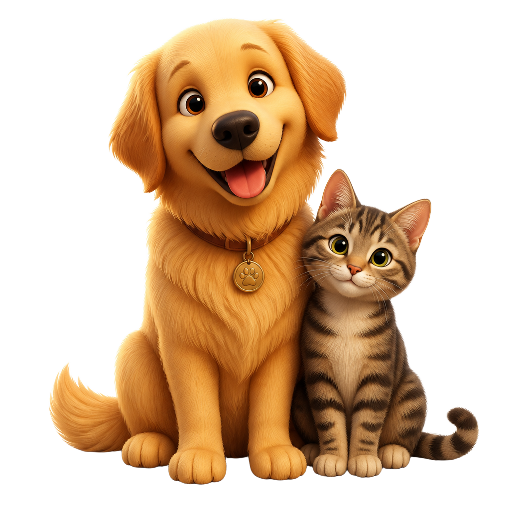 A golden retriever and tabby cat